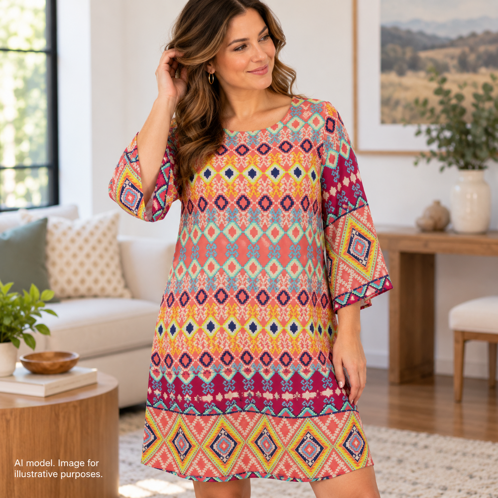 Everly Dress Women Small Vibrant Geo Diamond Bordered Hem Keyhole Back Anthro